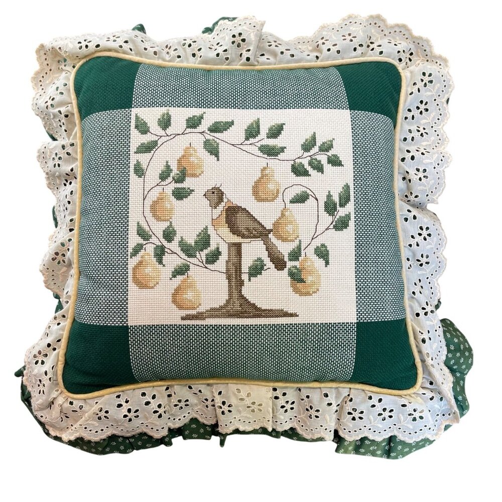 Vintage Needlepoint Pillow Partridge in a Pear‎ Tree Cross Stitch Throw Cushion